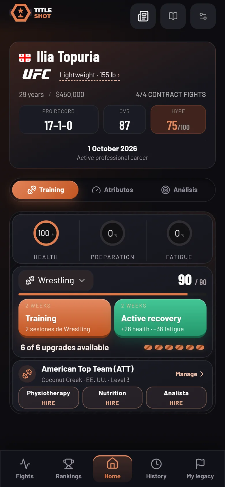 Ilia Topuria career screen in Title Shot